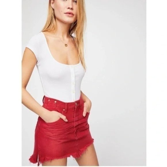 ONE TEASPOON Red Distressed Denim Mini Skirt SMALL Frayed...